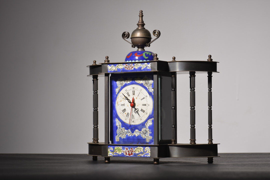 Chinese antique copper body painted enamel eight column mechanical clock