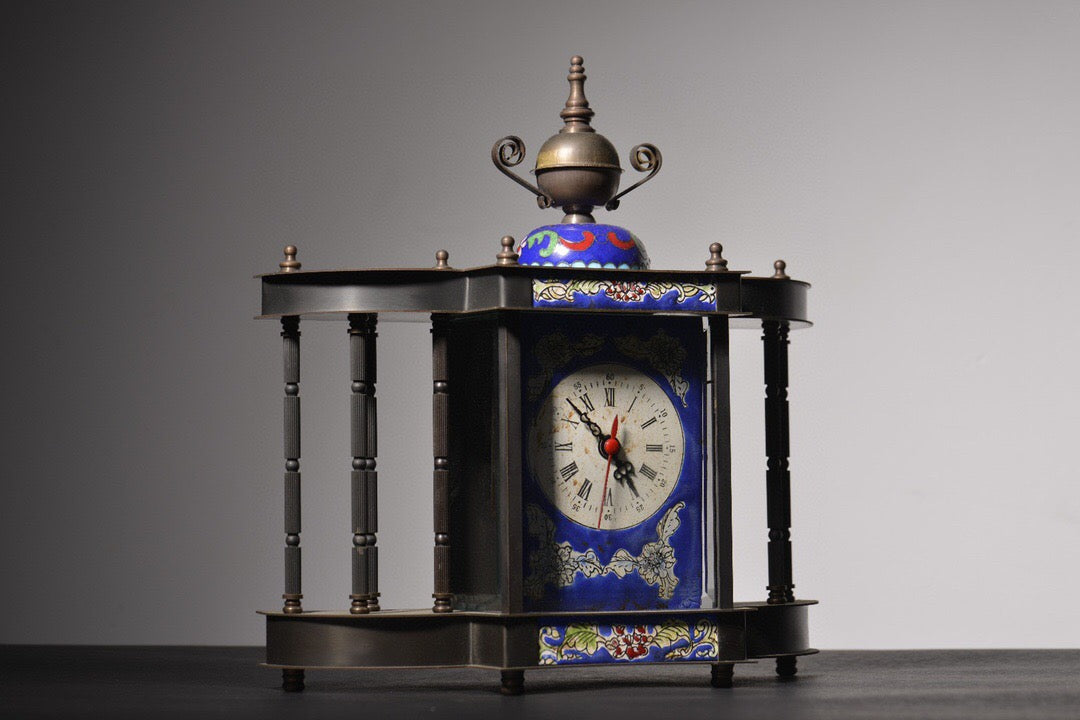 Chinese antique copper body painted enamel eight column mechanical clock