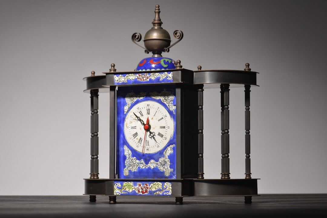 Chinese antique copper body painted enamel eight column mechanical clock