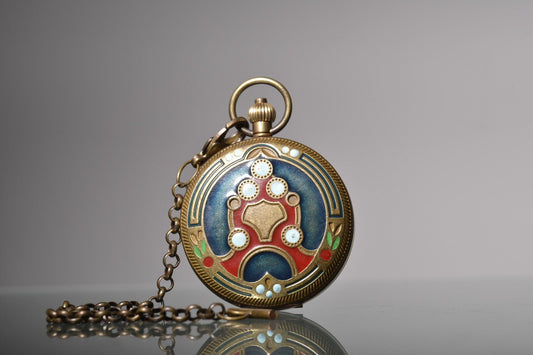 Chinese antique copper inlaid enamel sun, moon, and stars double opening pocket watch