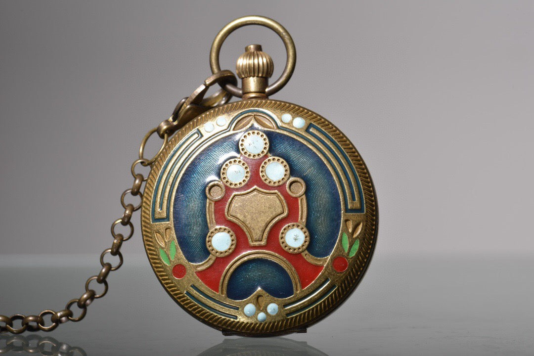 Chinese antique copper inlaid enamel sun, moon, and stars double opening pocket watch