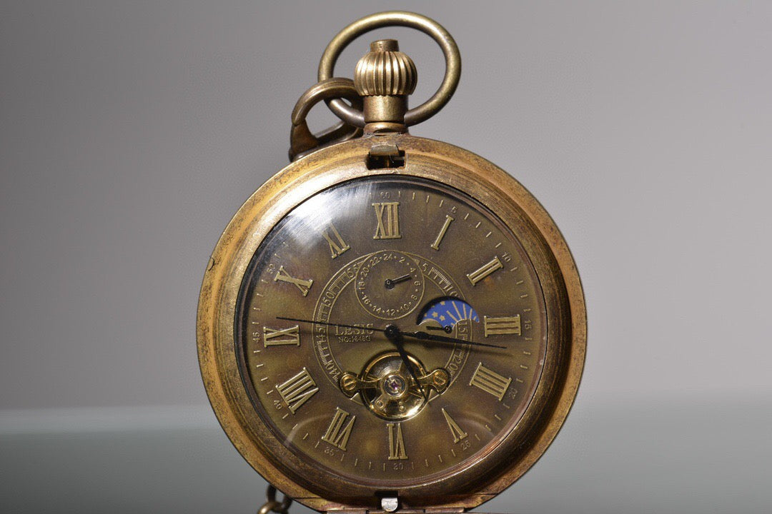 Chinese antique copper inlaid enamel sun, moon, and stars double opening pocket watch