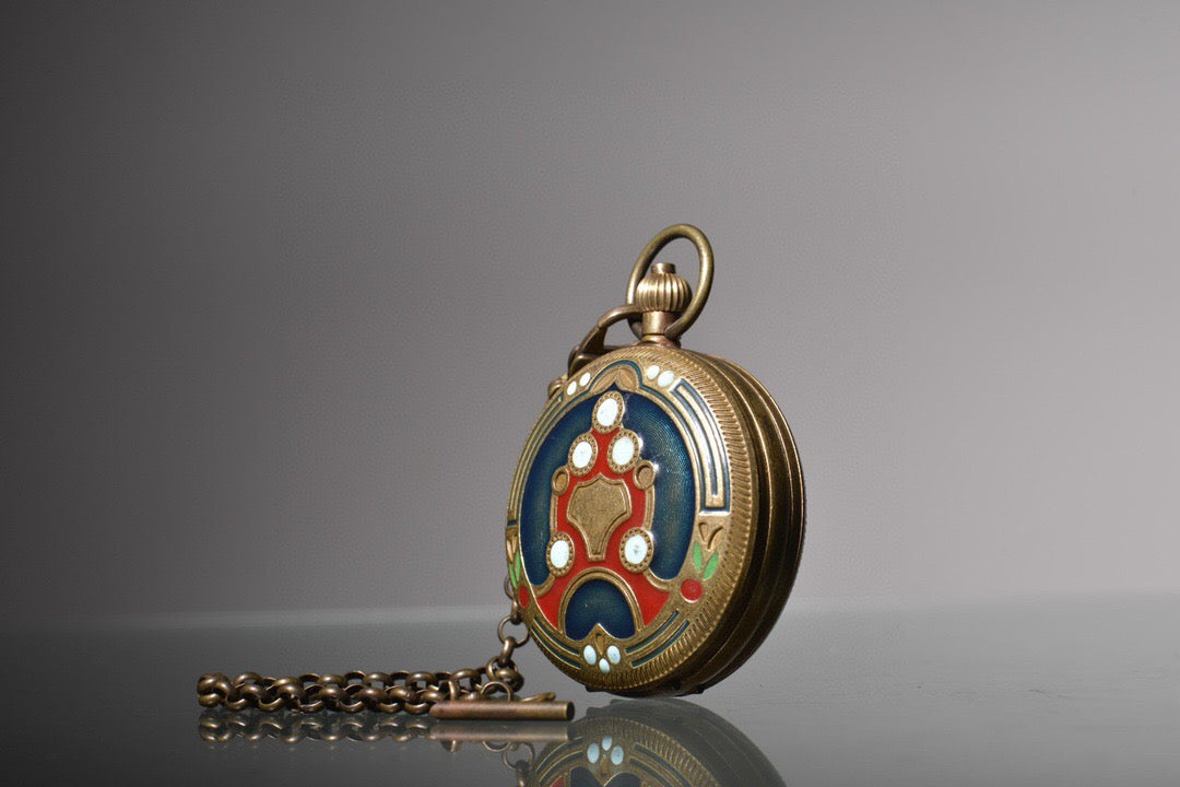 Chinese antique copper inlaid enamel sun, moon, and stars double opening pocket watch