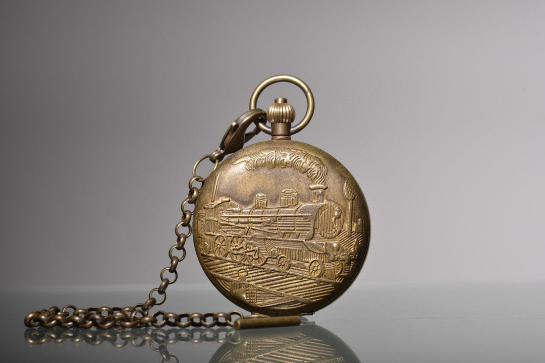 Chinese antique copper relief steam engine, sun, moon, and stars double opening pocket watch