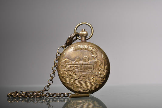 Chinese antique copper relief steam engine, sun, moon, and stars double opening pocket watch