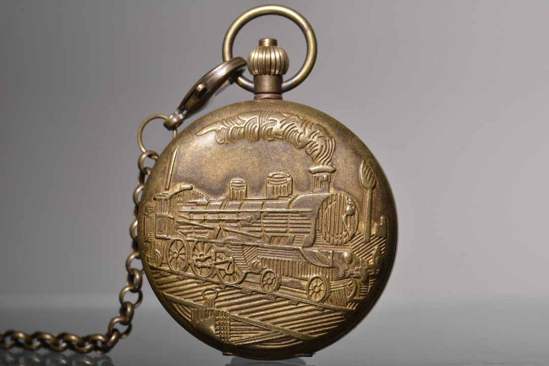 Chinese antique copper relief steam engine, sun, moon, and stars double opening pocket watch