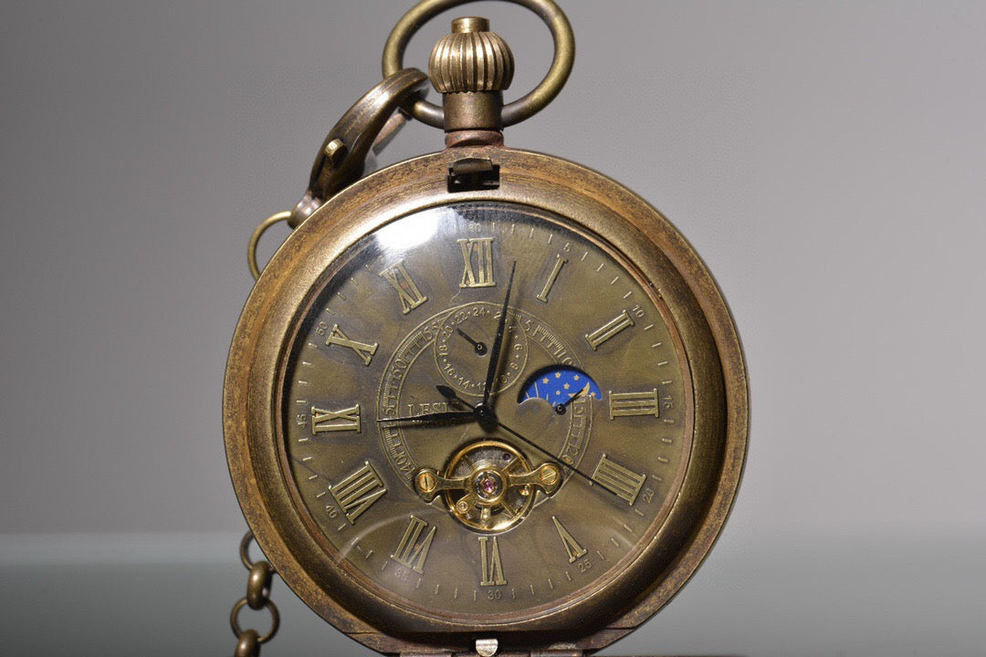 Chinese antique copper relief steam engine, sun, moon, and stars double opening pocket watch