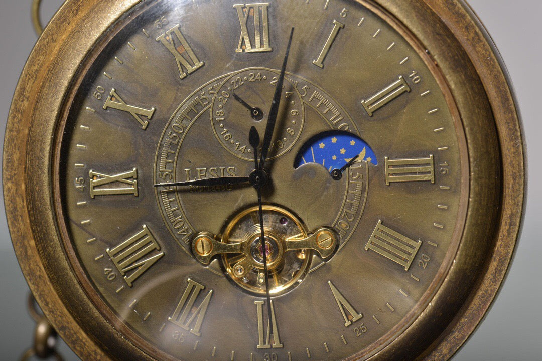 Chinese antique copper relief steam engine, sun, moon, and stars double opening pocket watch