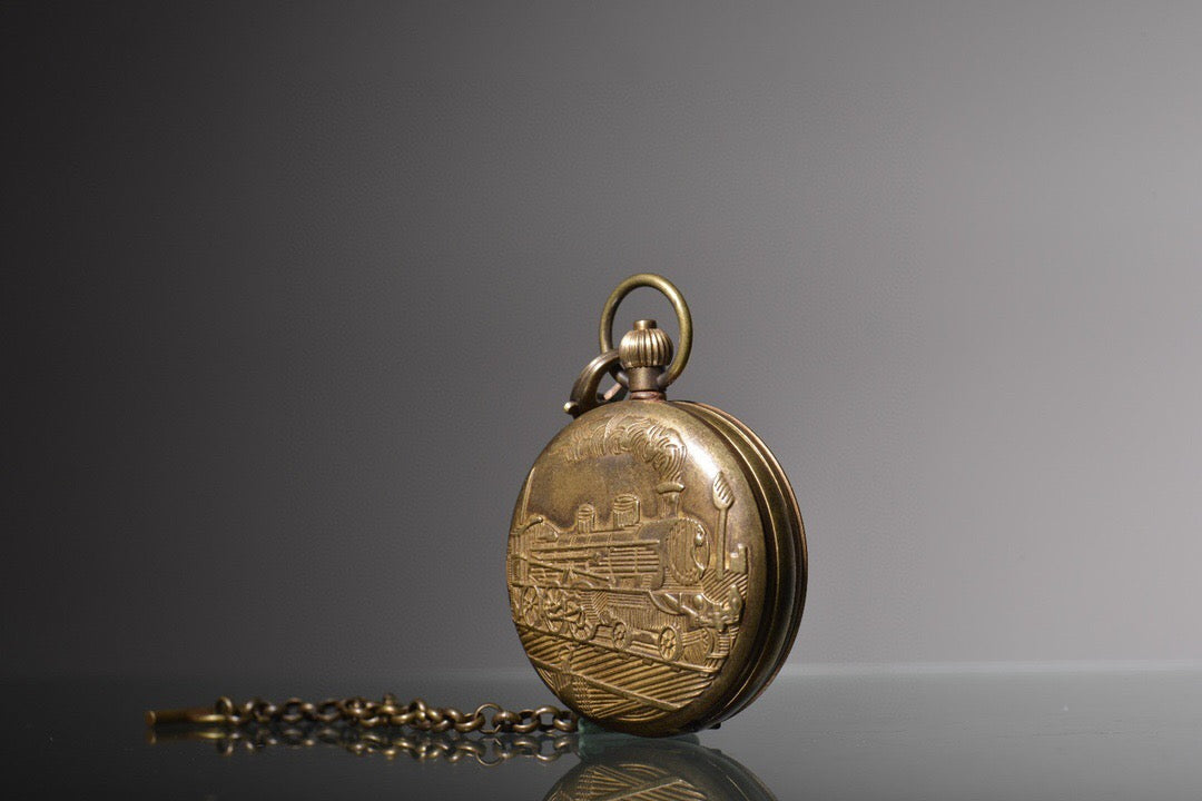 Chinese antique copper relief steam engine, sun, moon, and stars double opening pocket watch