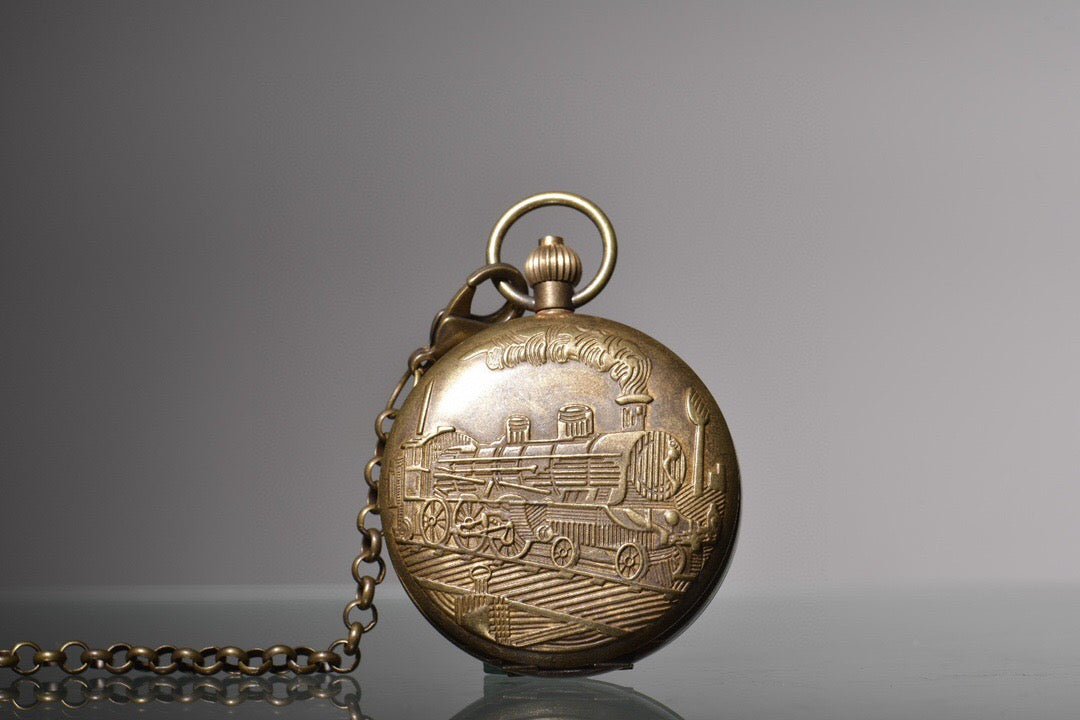Chinese antique copper relief steam engine, sun, moon, and stars double opening pocket watch