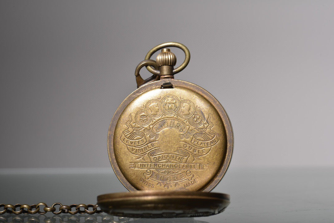 Chinese antique copper relief steam engine, sun, moon, and stars double opening pocket watch