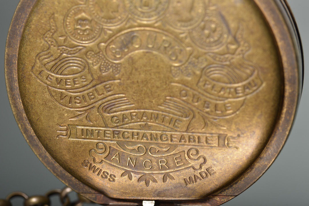 Chinese antique copper relief steam engine, sun, moon, and stars double opening pocket watch