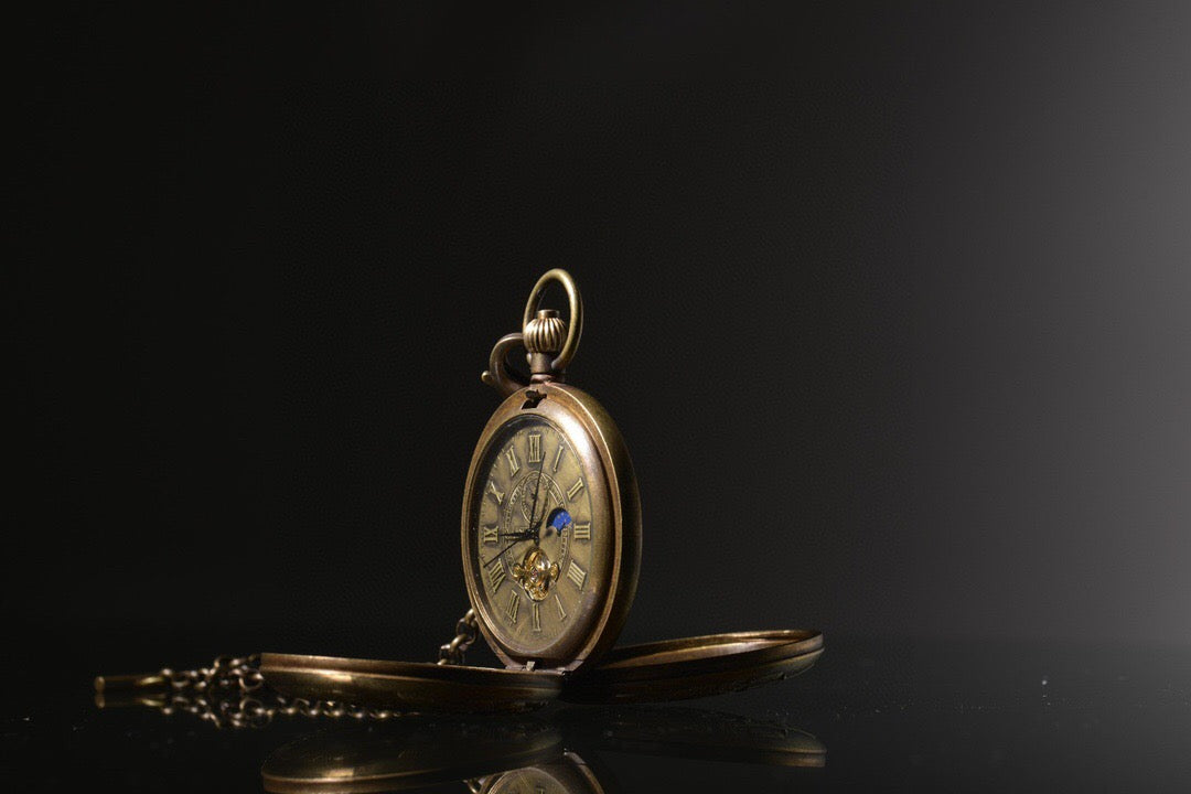 Chinese antique copper relief steam engine, sun, moon, and stars double opening pocket watch