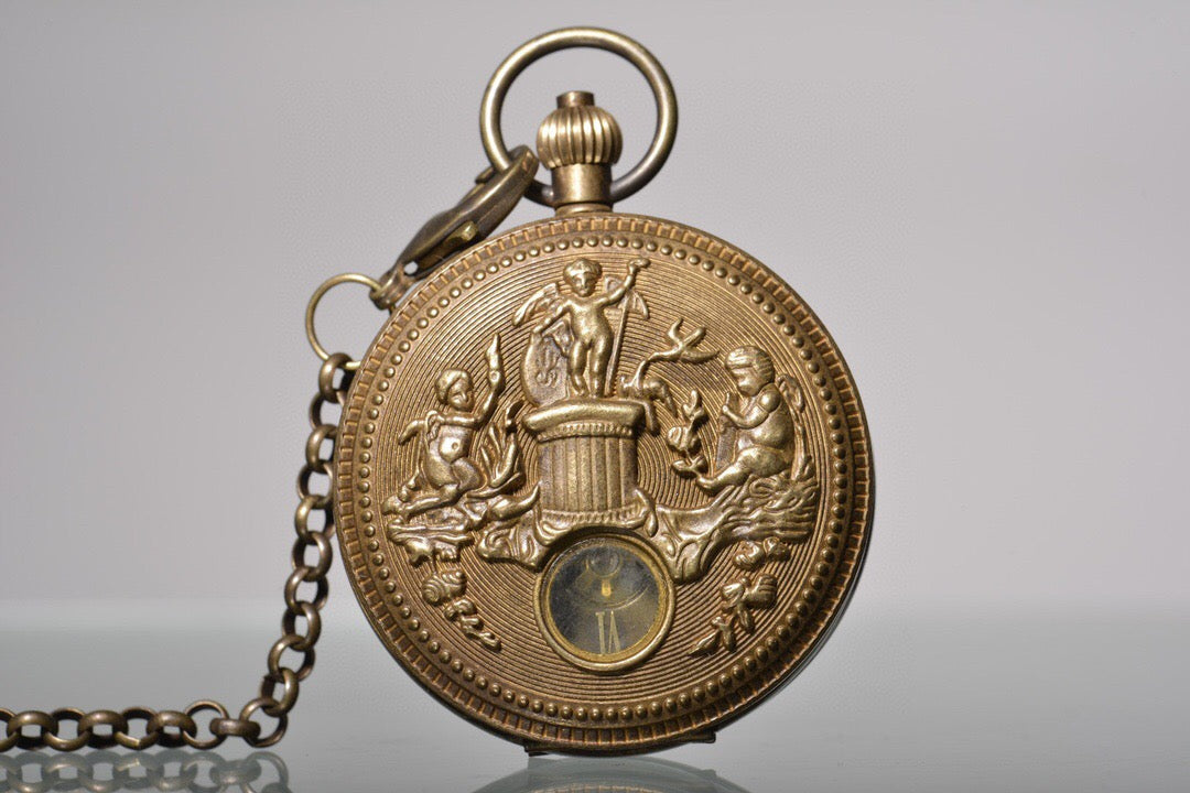 Chinese antique bronze angel Holy Spirit Sun Moon Star double opening pocket watch