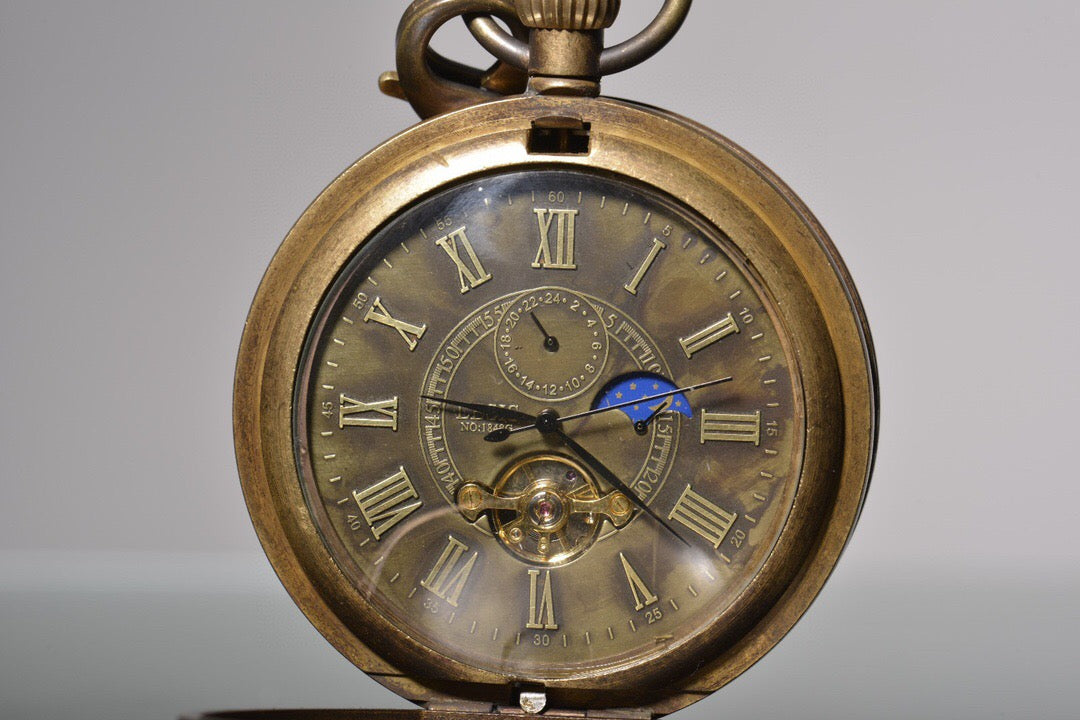 Chinese antique bronze angel Holy Spirit Sun Moon Star double opening pocket watch