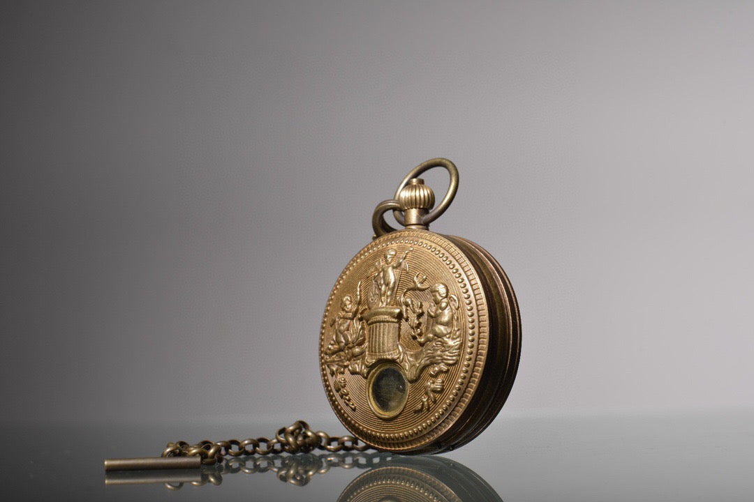 Chinese antique bronze angel Holy Spirit Sun Moon Star double opening pocket watch