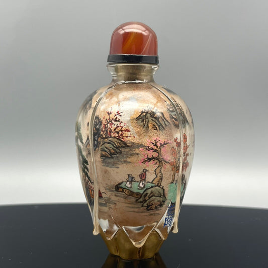 Chinese antique old glass handmade painting [Xishan Visiting Friends] Lotus shaped inner painting snuff bottle