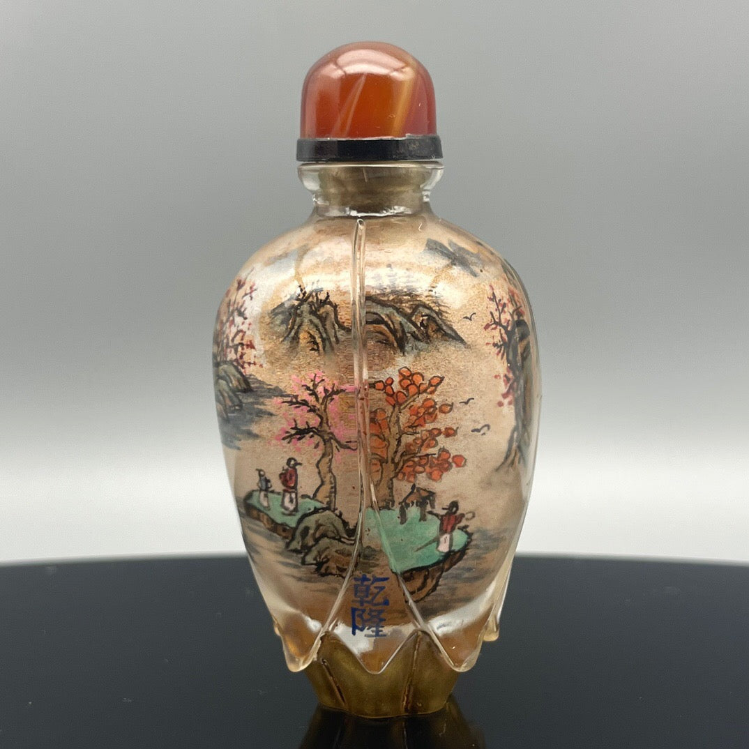 Chinese antique old glass handmade painting [Xishan Visiting Friends] Lotus shaped inner painting snuff bottle