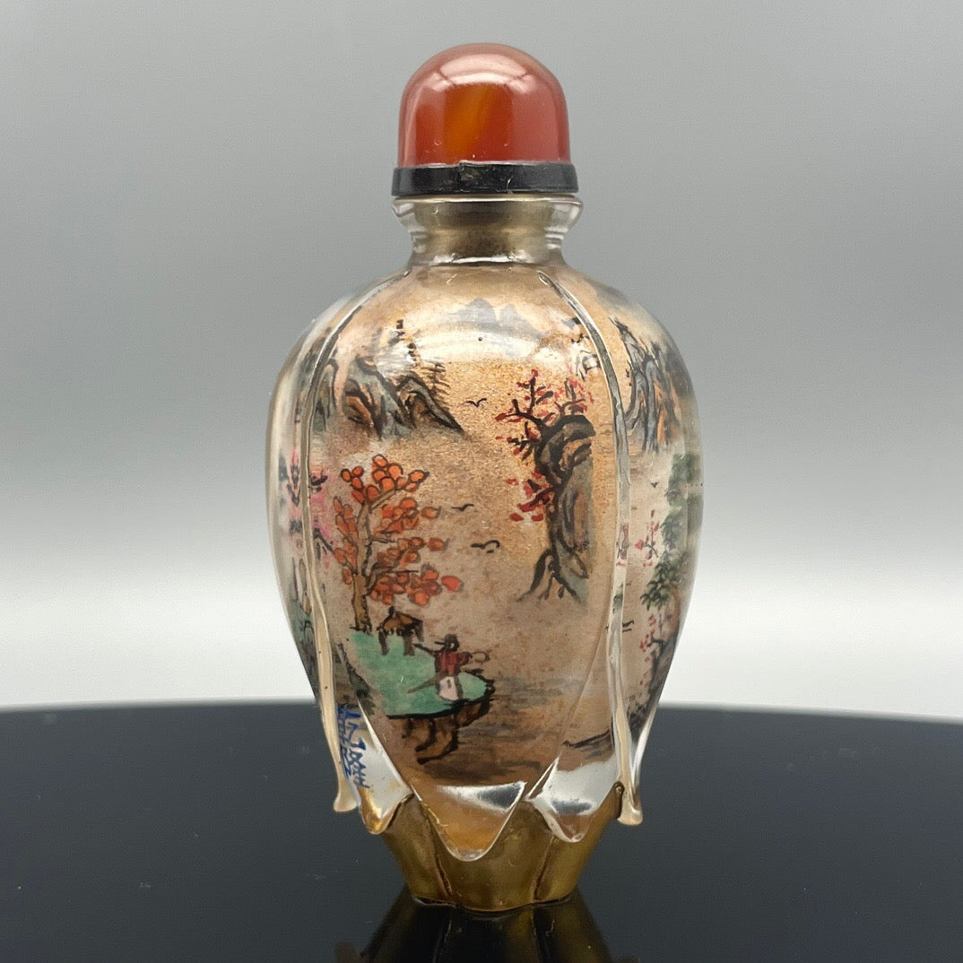 Chinese antique old glass handmade painting [Xishan Visiting Friends] Lotus shaped inner painting snuff bottle