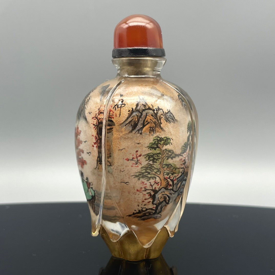 Chinese antique old glass handmade painting [Xishan Visiting Friends] Lotus shaped inner painting snuff bottle