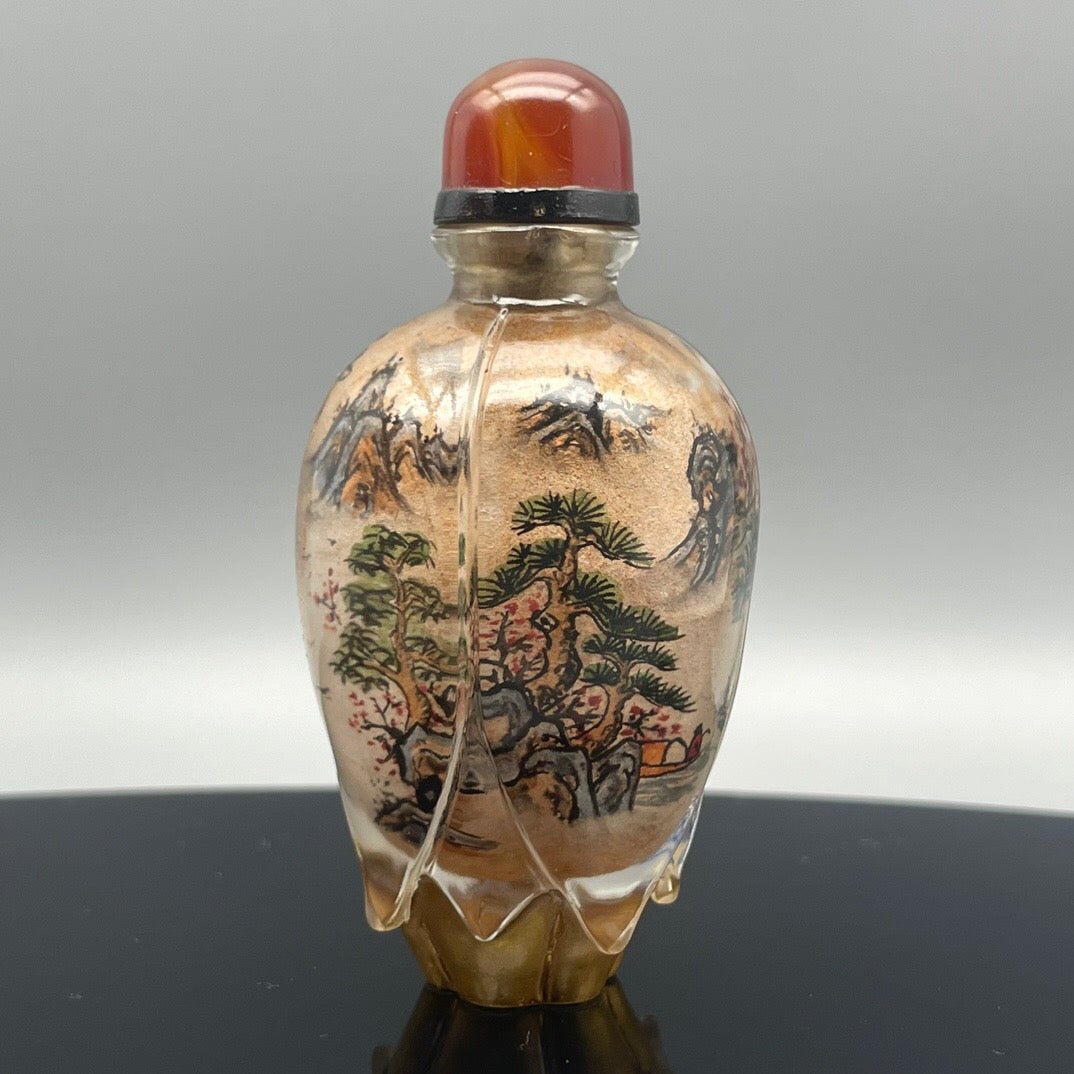 Chinese antique old glass handmade painting [Xishan Visiting Friends] Lotus shaped inner painting snuff bottle