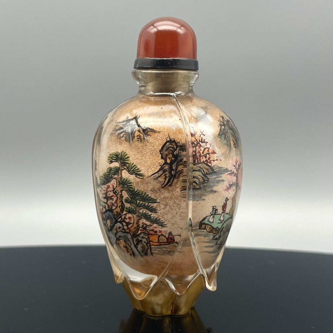 Chinese antique old glass handmade painting [Xishan Visiting Friends] Lotus shaped inner painting snuff bottle
