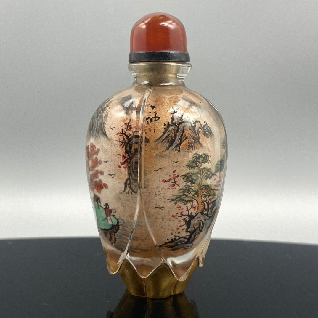 Chinese antique old glass handmade painting [Xishan Visiting Friends] Lotus shaped inner painting snuff bottle