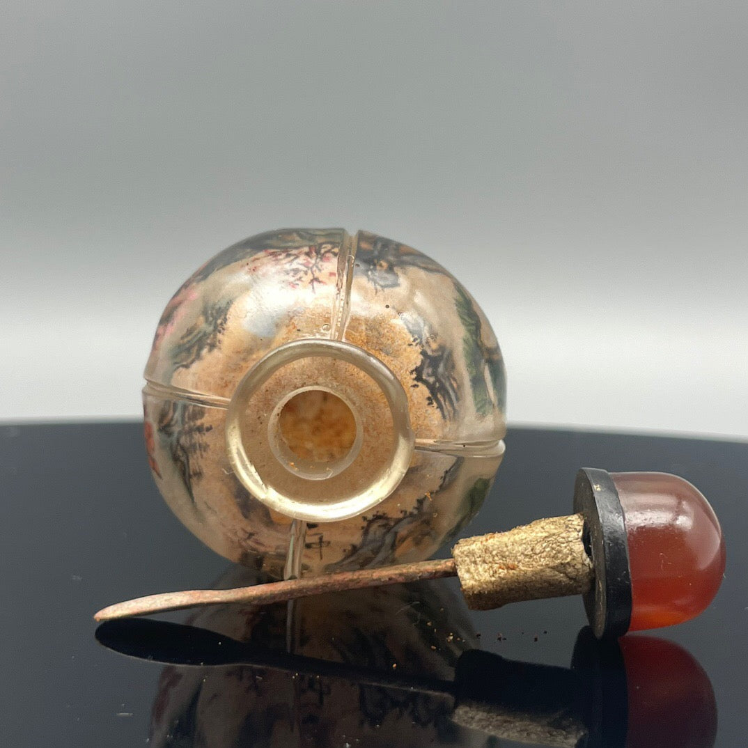 Chinese antique old glass handmade painting [Xishan Visiting Friends] Lotus shaped inner painting snuff bottle