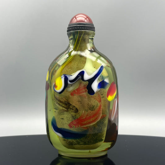 Chinese Antique Old Glass Handmade Painting [Playing in the Lotus Pond] Inner Painting Stir Frying Bottle