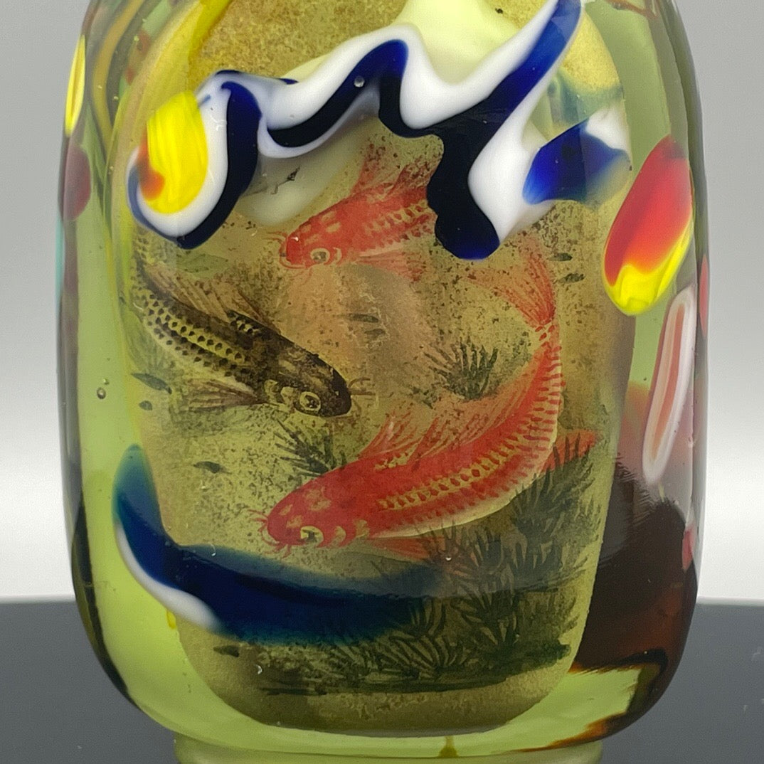 Chinese Antique Old Glass Handmade Painting [Playing in the Lotus Pond] Inner Painting Stir Frying Bottle