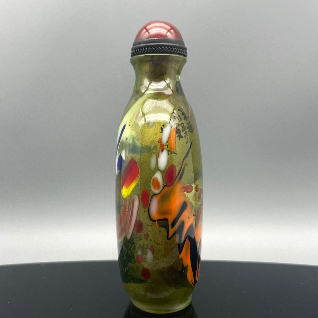 Chinese Antique Old Glass Handmade Painting [Playing in the Lotus Pond] Inner Painting Stir Frying Bottle