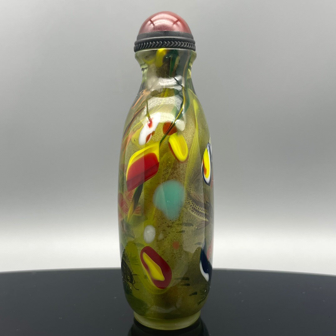 Chinese Antique Old Glass Handmade Painting [Playing in the Lotus Pond] Inner Painting Stir Frying Bottle