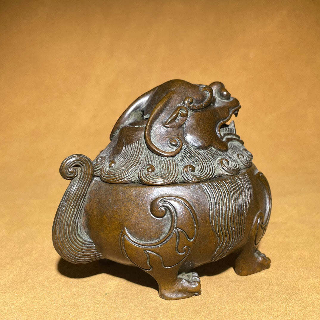 Chinese antique pure copper auspicious beast tea pet incense burner ornament