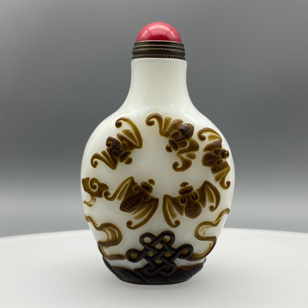Chinese Antique Old Glass Handmade Painting [Five Blessings at the Door] Inner Painting of Nasal Smoking Bottle