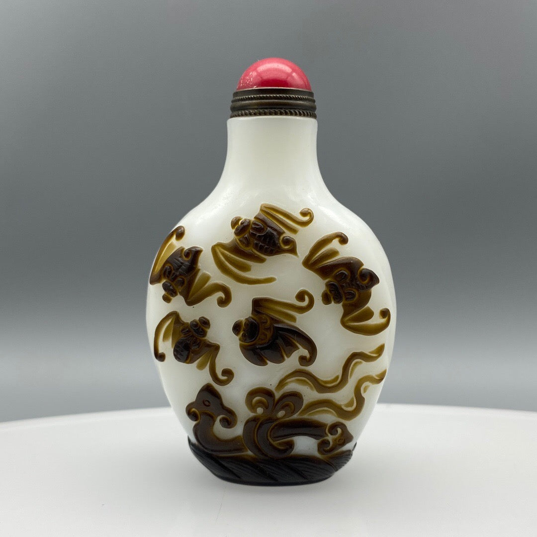 Chinese Antique Old Glass Handmade Painting [Five Blessings at the Door] Inner Painting of Nasal Smoking Bottle