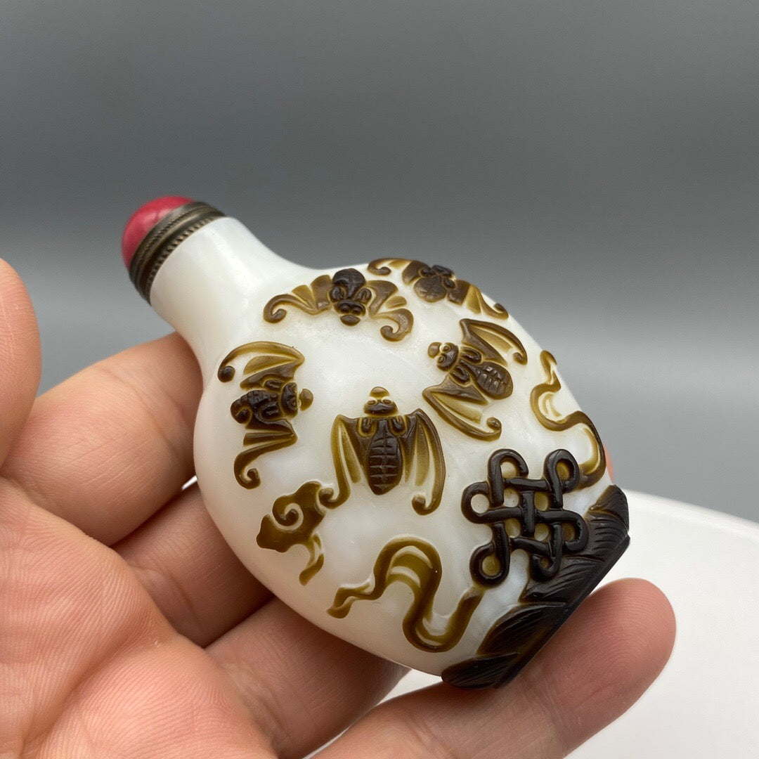 Chinese Antique Old Glass Handmade Painting [Five Blessings at the Door] Inner Painting of Nasal Smoking Bottle