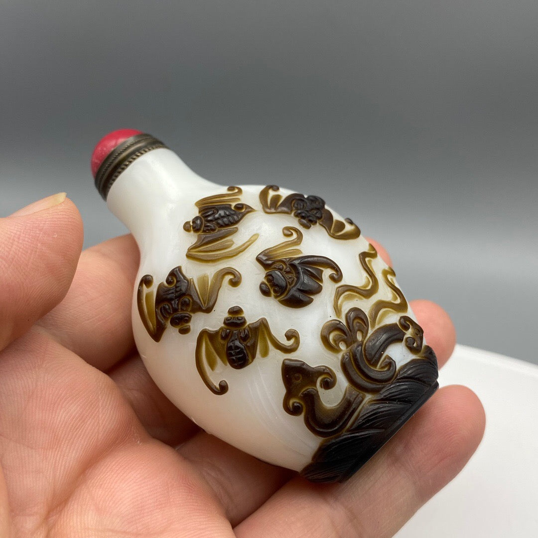 Chinese Antique Old Glass Handmade Painting [Five Blessings at the Door] Inner Painting of Nasal Smoking Bottle