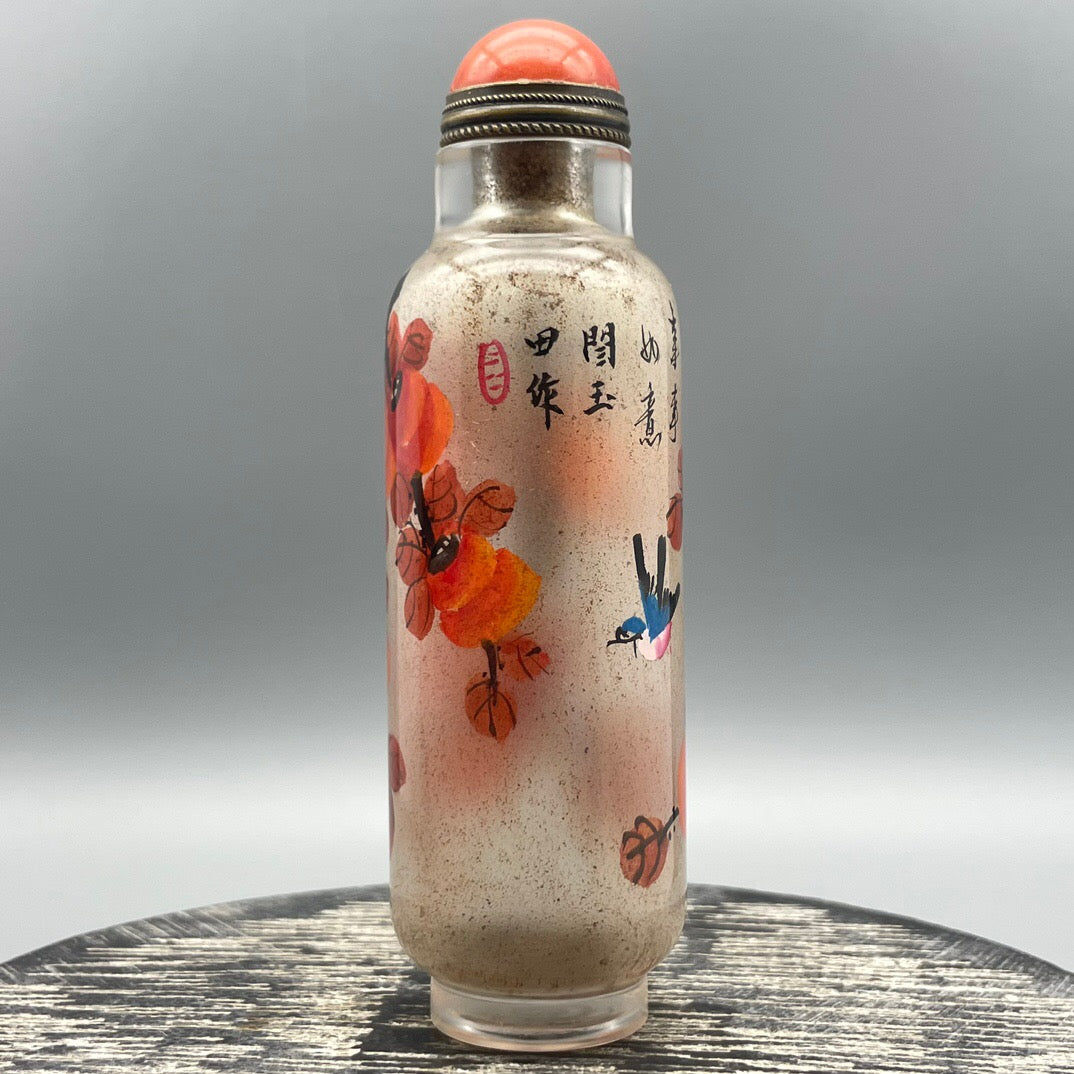 Chinese antique old glass handmade painting [Everything goes smoothly] Inner painting of snuff bottle