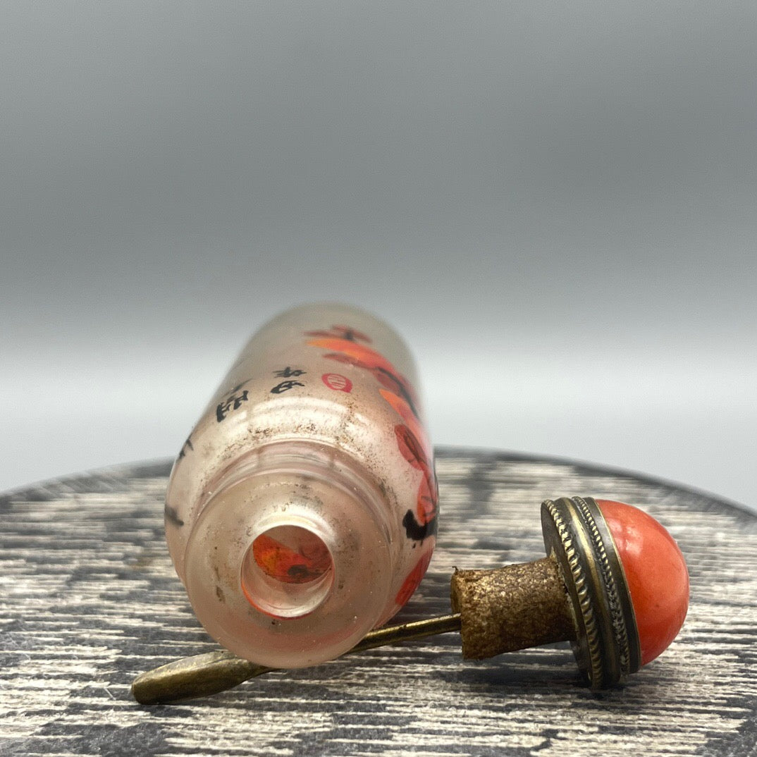 Chinese antique old glass handmade painting [Everything goes smoothly] Inner painting of snuff bottle