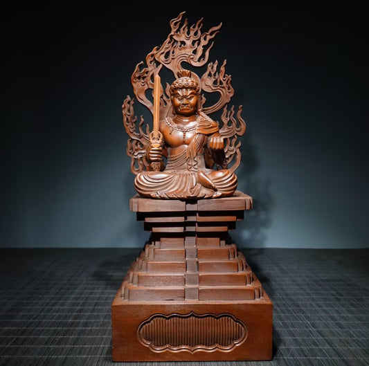 Chinese antique boxwood handmade carving of the immovable statue of the Ming King Buddha