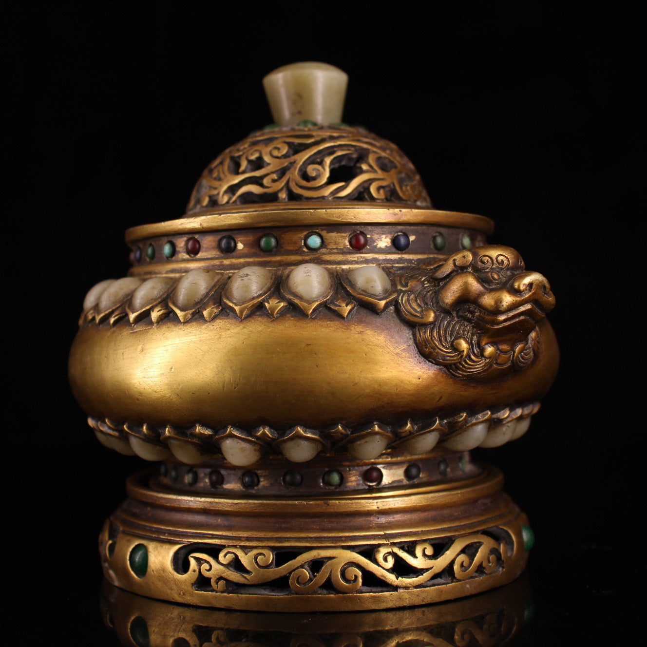 Chinese antique pure copper handmade inlaid gemstone white jade incense burner