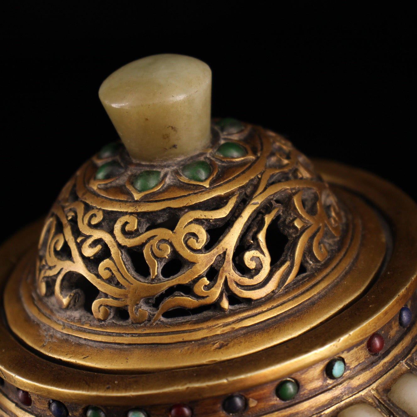 Chinese antique pure copper handmade inlaid gemstone white jade incense burner