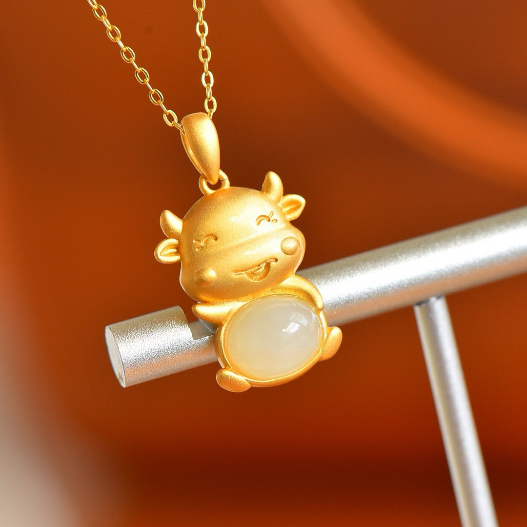 Silver inlaid Hetian Jade Silver Ox Pendant