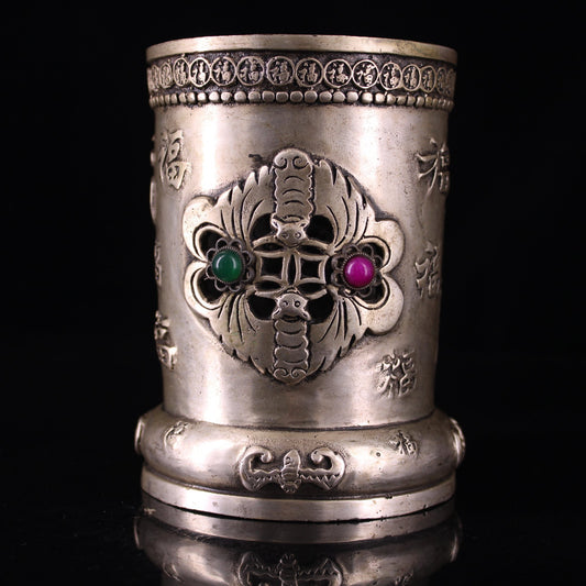 Chinese antique pure copper gilded silver inlaid gemstone lucky character pen holder