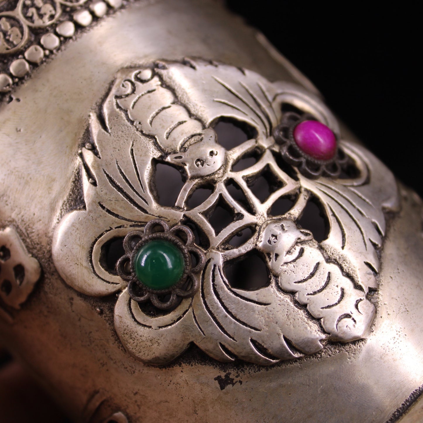 Chinese antique pure copper gilded silver inlaid gemstone lucky character pen holder