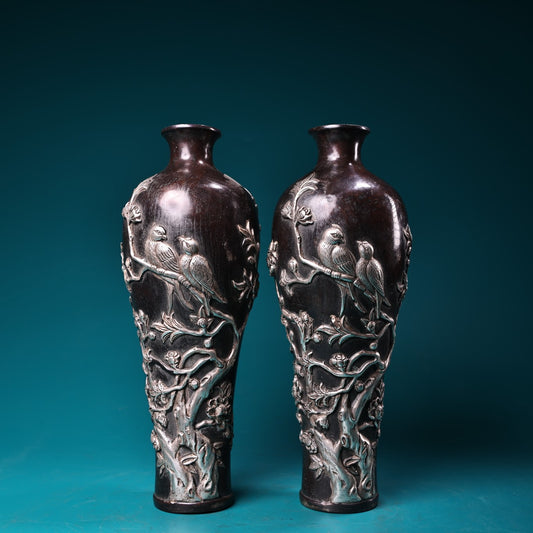 A pair of Chinese antique pure copper high relief carved and gilded silver magpie embroidered plum blossom vases