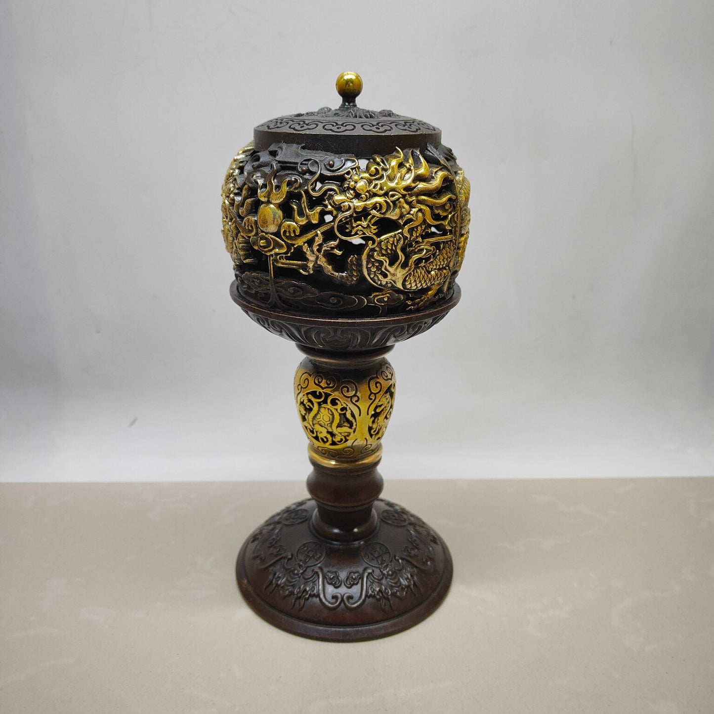Chinese antique pure copper double dragon lantern furnace
