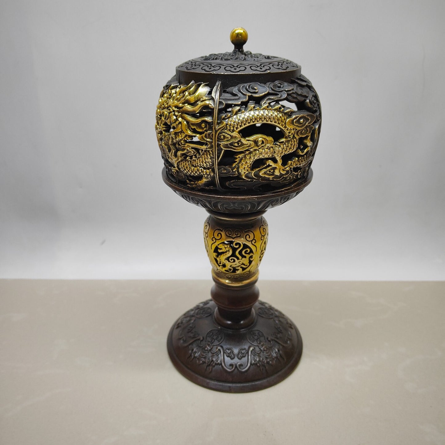 Chinese antique pure copper double dragon lantern furnace