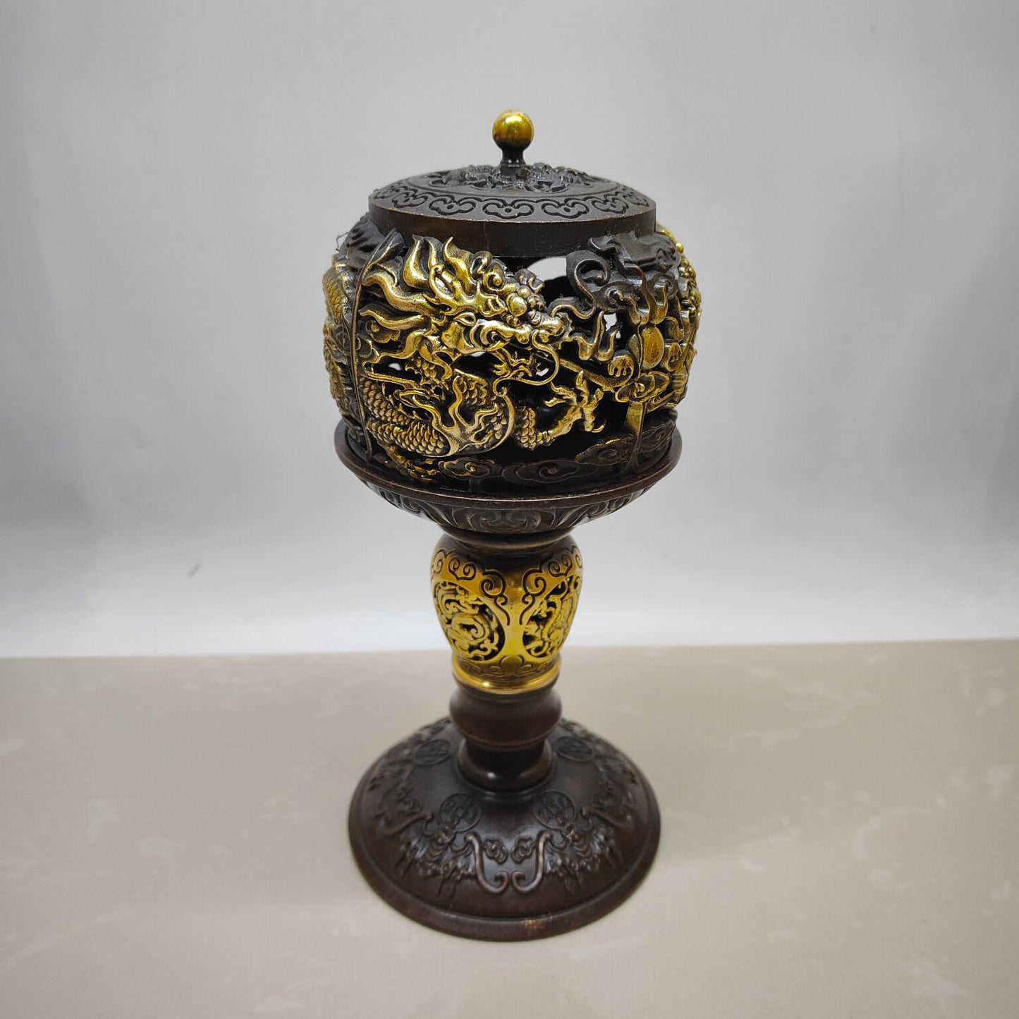 Chinese antique pure copper double dragon lantern furnace