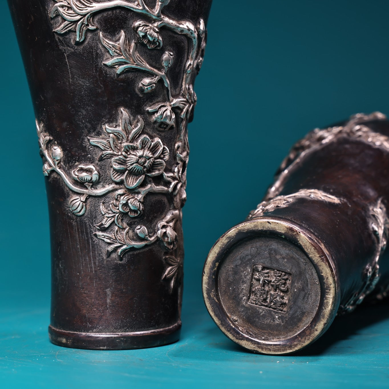 A pair of Chinese antique pure copper high relief carved and gilded silver magpie embroidered plum blossom vases